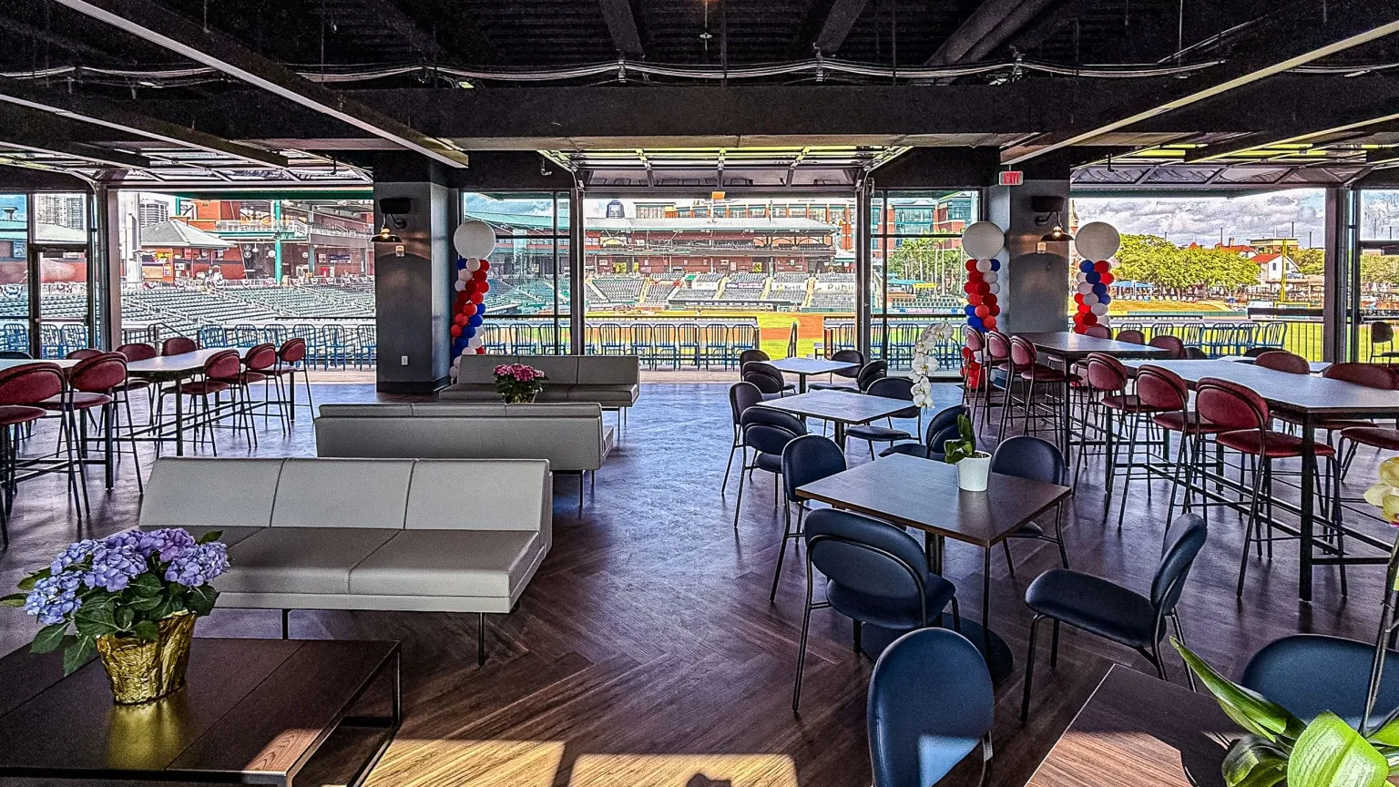 Harbour Hall interior opening to a panoramic view of the field