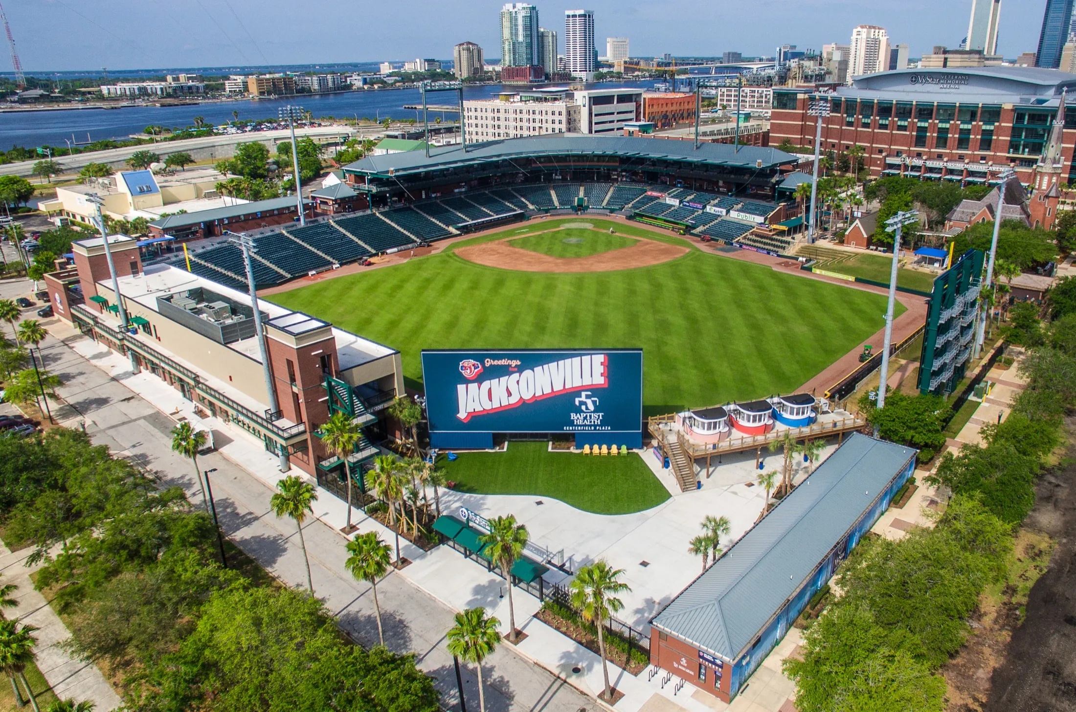 Aerial view of VyStar Ballpark and downtown Jacksonville